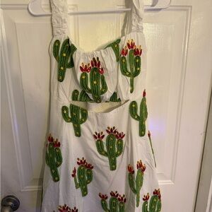 QUEEN OF SPARKLES Cactus Embroidered Mini Dress - White and Green